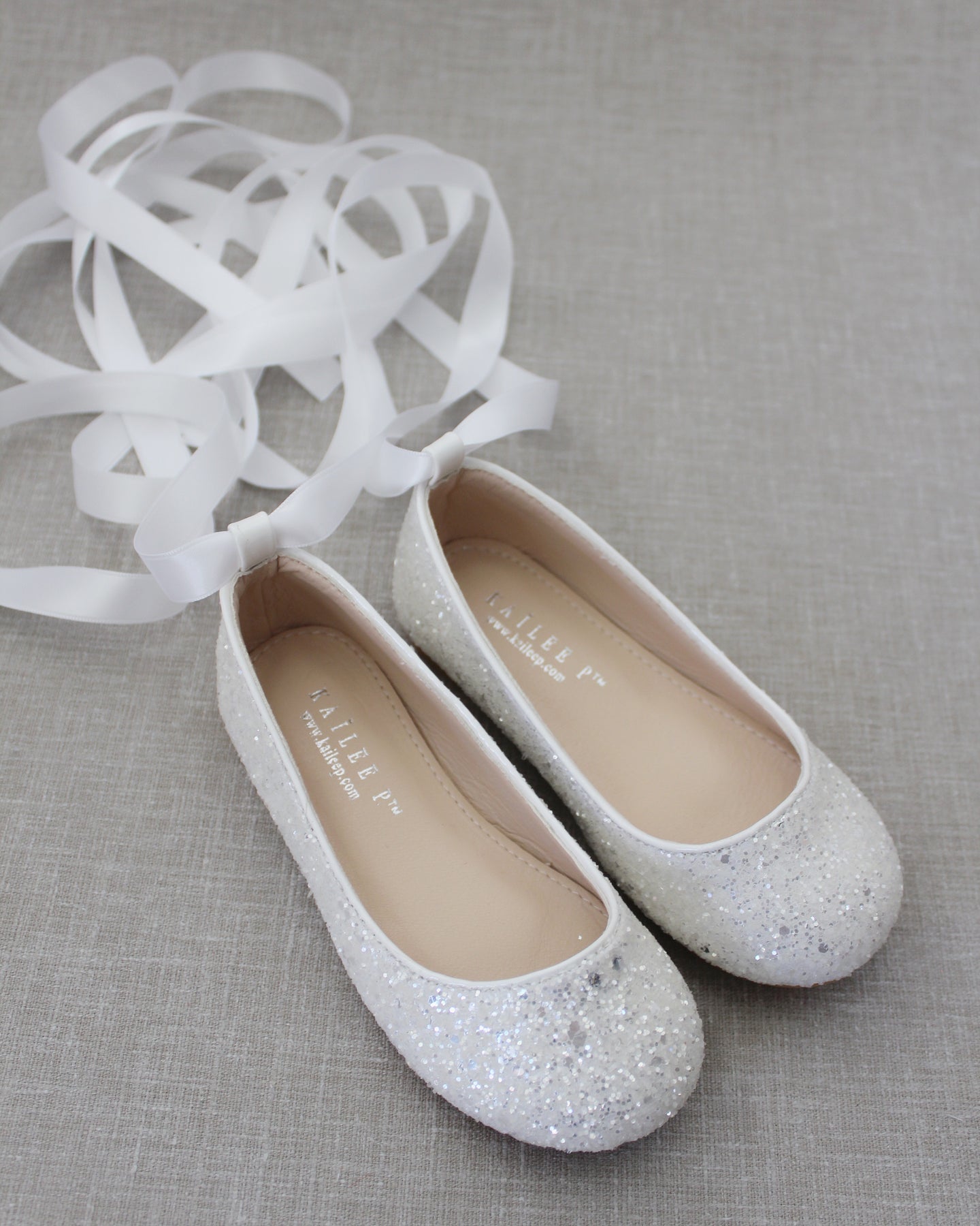 White Rock Glitter Ballet Flats With Satin Ankle Strap - Flower Girls ...