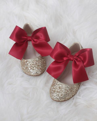 Gold Rock Glitter Mary Jane Flats with Brick Red Satin BowKids Shoes