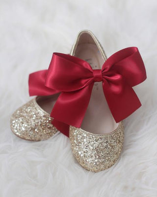 Gold Rock Glitter Mary Jane Flats with Brick Red Satin BowKids Shoes