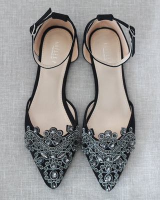 Satin Pointy Toe Flats with Oversized Rhinestones Applique Embellishments