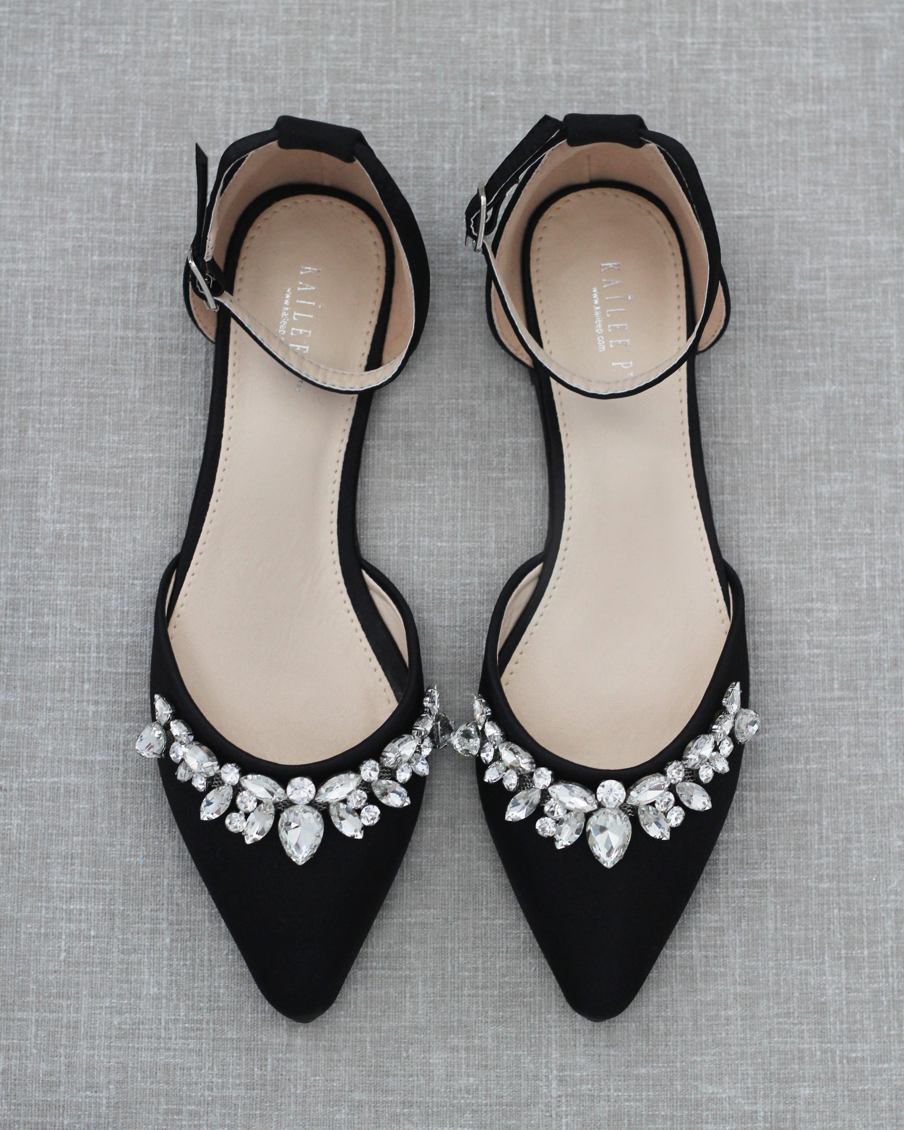 Satin Pointy Toe Flats with Teardrop Rhinestones Embellishments