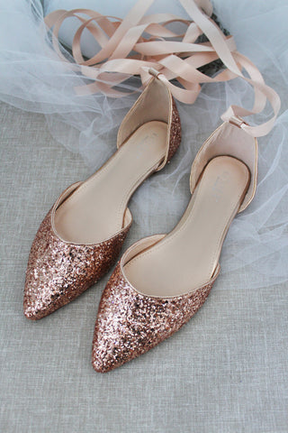 Rose Gold Glitter Women Flats with Ballerina Laces